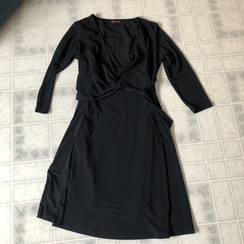 Black Solid Faux wrap dress merona Size Small Elbow Slv built in waist‎ cincher